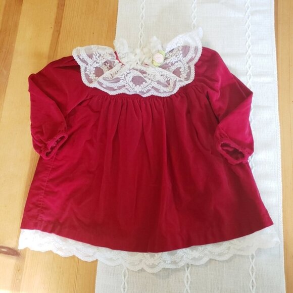 Vintage 80s 90s Baby Girl Red Velvet Lace Dress Cottagecore Holiday Christmas - Picture 9 of 9